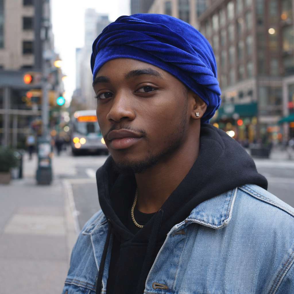 Royal Blue Velvet Head Wrap for Men – Luxury Turban Style Durag Alternative – Soft Stretch Hair Protection Cap