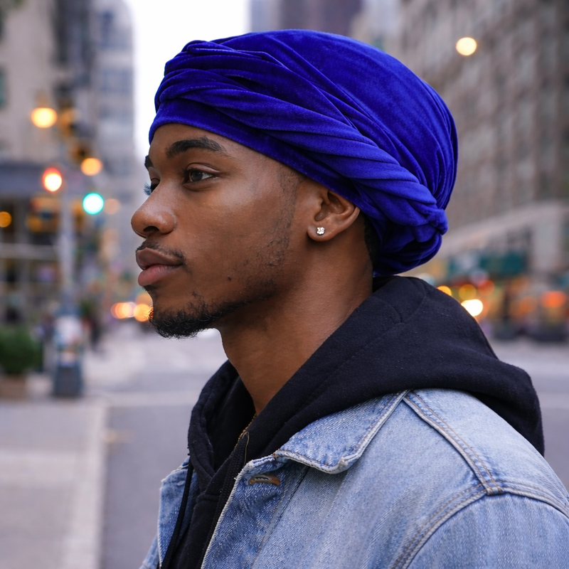 Royal Blue Velvet Head Wrap for Men – Luxury Turban Style Durag Alternative – Soft Stretch Hair Protection Cap