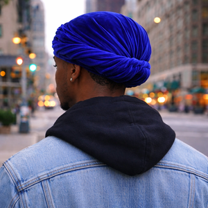 Royal Blue Velvet Head Wrap for Men – Luxury Turban Style Durag Alternative – Soft Stretch Hair Protection Cap