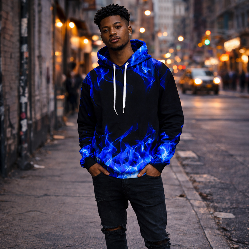 Men’s Blue Flame Graphic Hoodie – Urban Streetwear