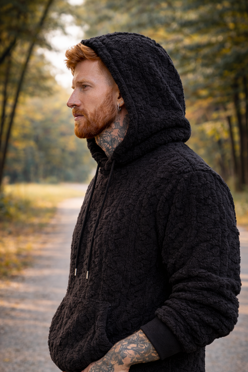 Men’s Black Sherpa Fleece Hoodie – Premium Textured