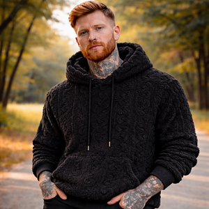 Men’s Black Sherpa Fleece Hoodie – Premium Textured