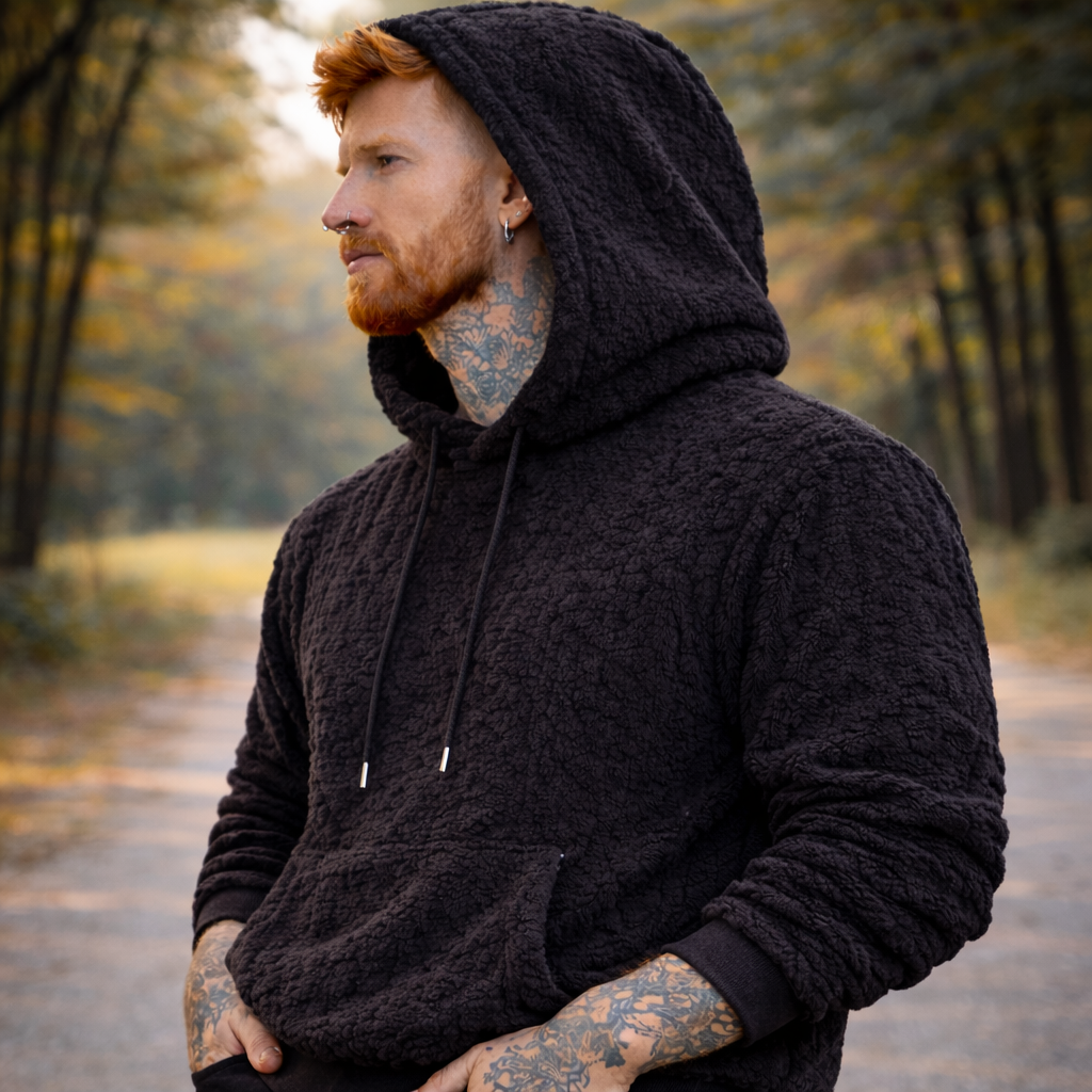 Men’s Black Sherpa Fleece Hoodie – Premium Textured