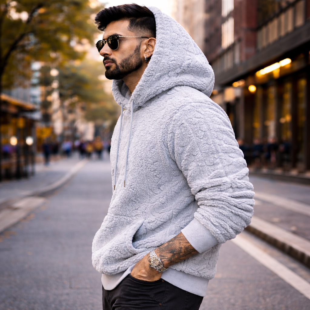Men’s Light Gray Sherpa Fleece Hoodie – Premium Soft Textured Pullover