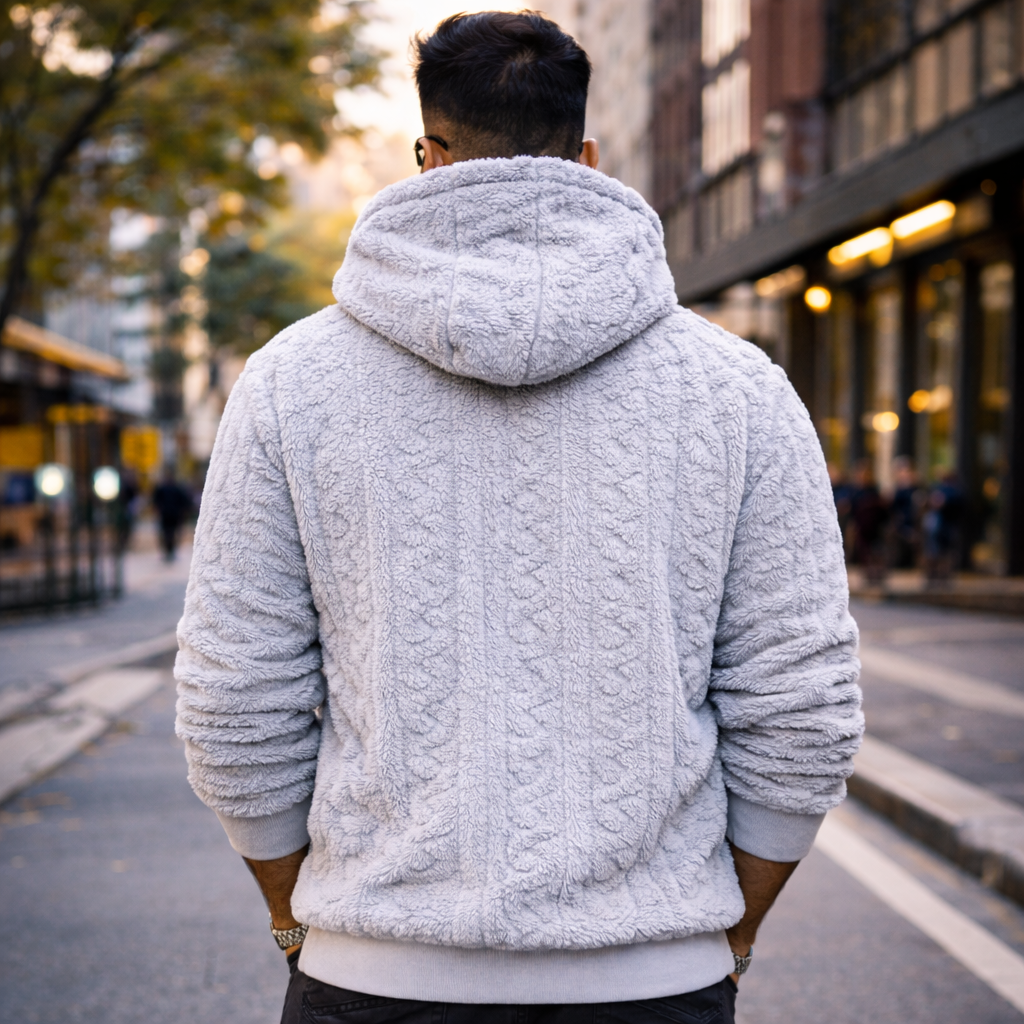 Men’s Light Gray Sherpa Fleece Hoodie – Premium Soft Textured Pullover