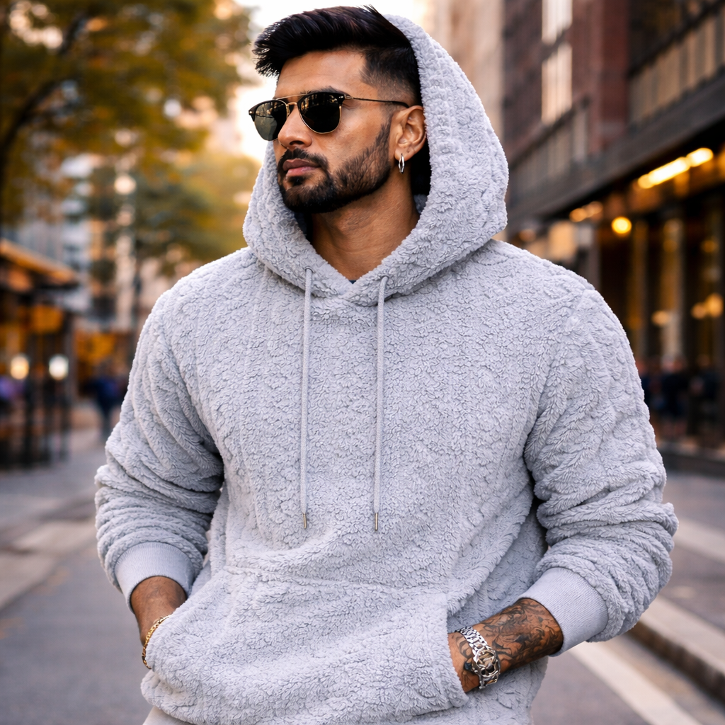 Men’s Light Gray Sherpa Fleece Hoodie – Premium Soft Textured Pullover