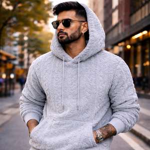 Men’s Light Gray Sherpa Fleece Hoodie – Premium Soft Textured Pullover