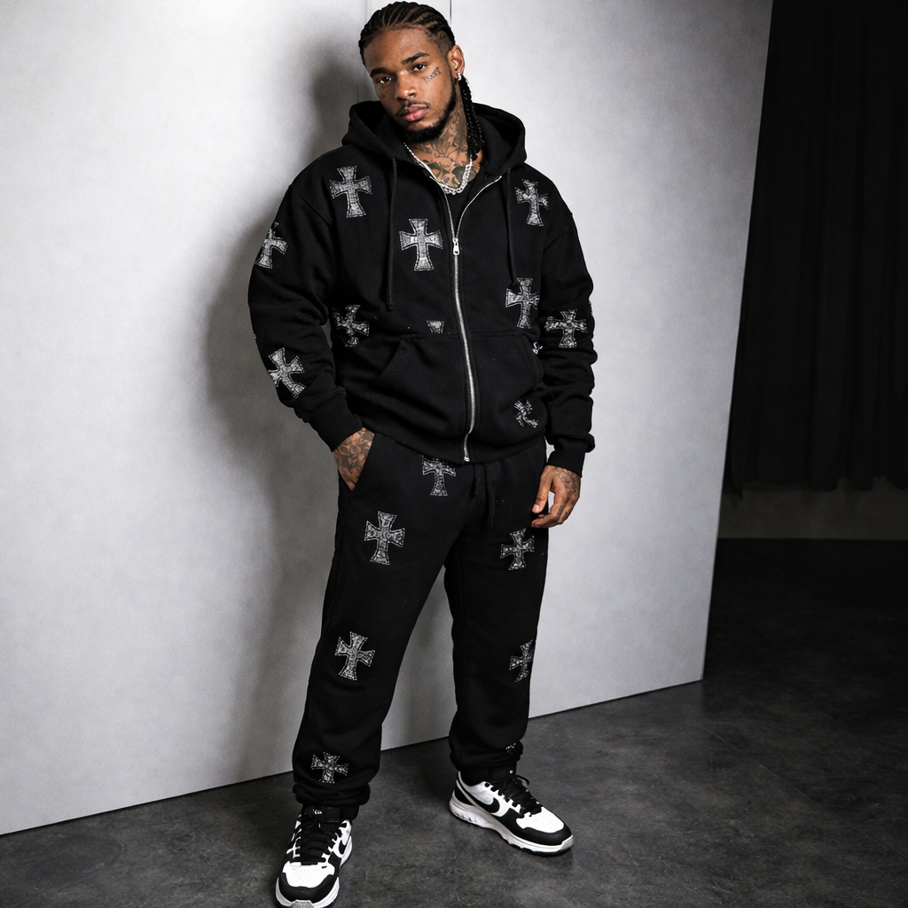 Men’s Black Rhinestone Cross Tracksuit Set – Luxury Streetwear Zip Hoodie & Jogger Set (Silver Cross Detail)