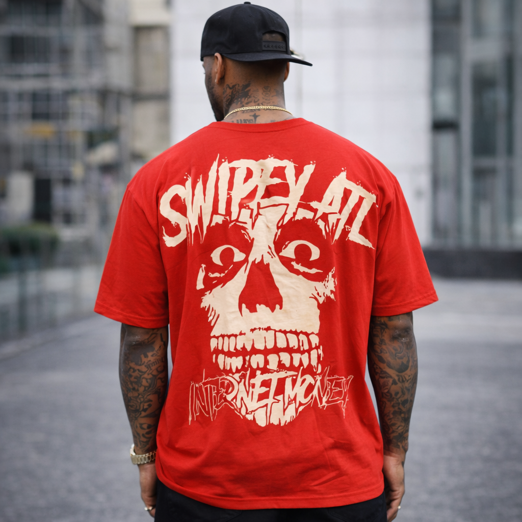 SWIPEY ATL “Internet Money” Graphic T-Shirt – Oversized Red Streetwear Skull Print Tee for Men