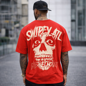 SWIPEY ATL “Internet Money” Graphic T-Shirt – Oversized Red Streetwear Skull Print Tee for Men