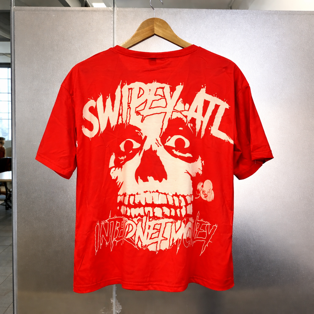SWIPEY ATL “Internet Money” Graphic T-Shirt – Oversized Red Streetwear Skull Print Tee for Men