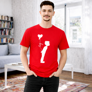 Men’s Valentine’s Day Red Graphic T-Shirt – “Hey” Heart Balloon Love Tee | Romantic Matching Couple Shirt