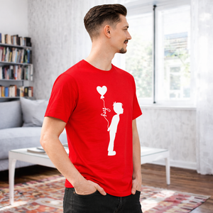 Men’s Valentine’s Day Red Graphic T-Shirt – “Hey” Heart Balloon Love Tee | Romantic Matching Couple Shirt
