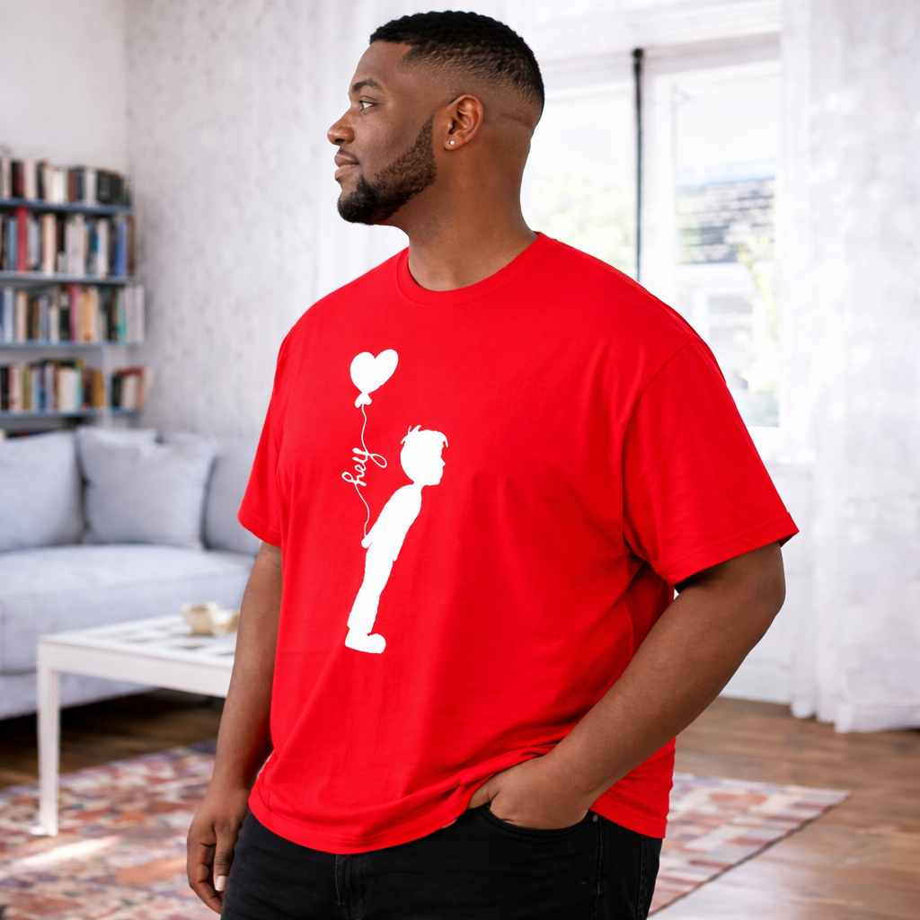 Men’s Valentine’s Day Red Graphic T-Shirt – “Hey” Heart Balloon Love Tee | Romantic Matching Couple Shirt