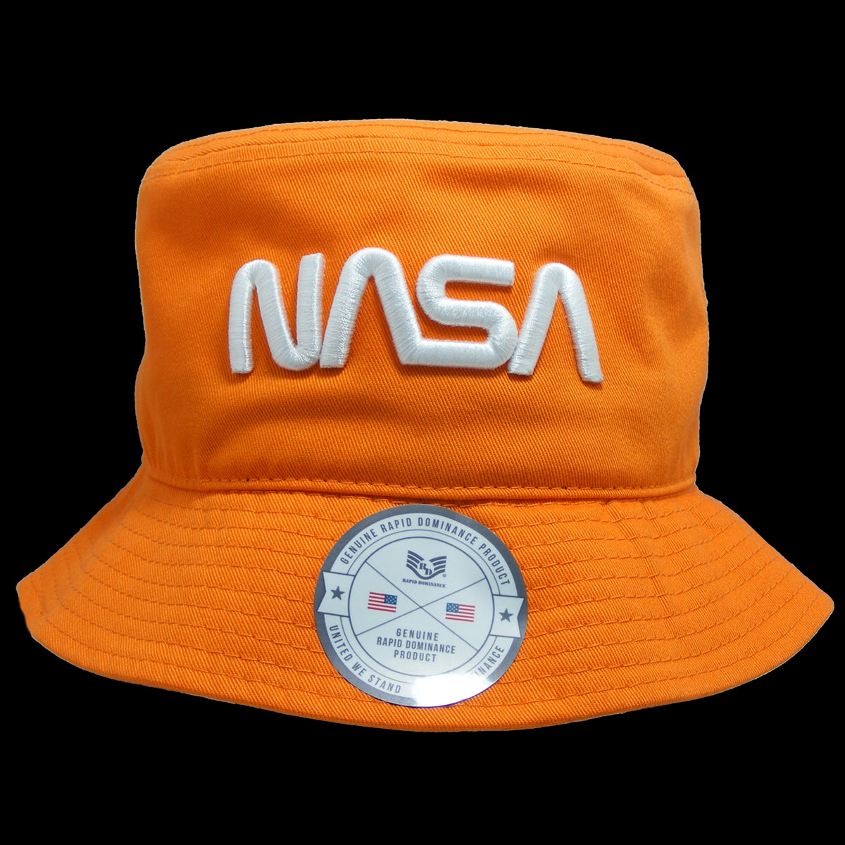 Rapid Dominance NASA Worm Logo Relaxed Bucket Hat – Orange Cotton Sun Cap for Men & Women