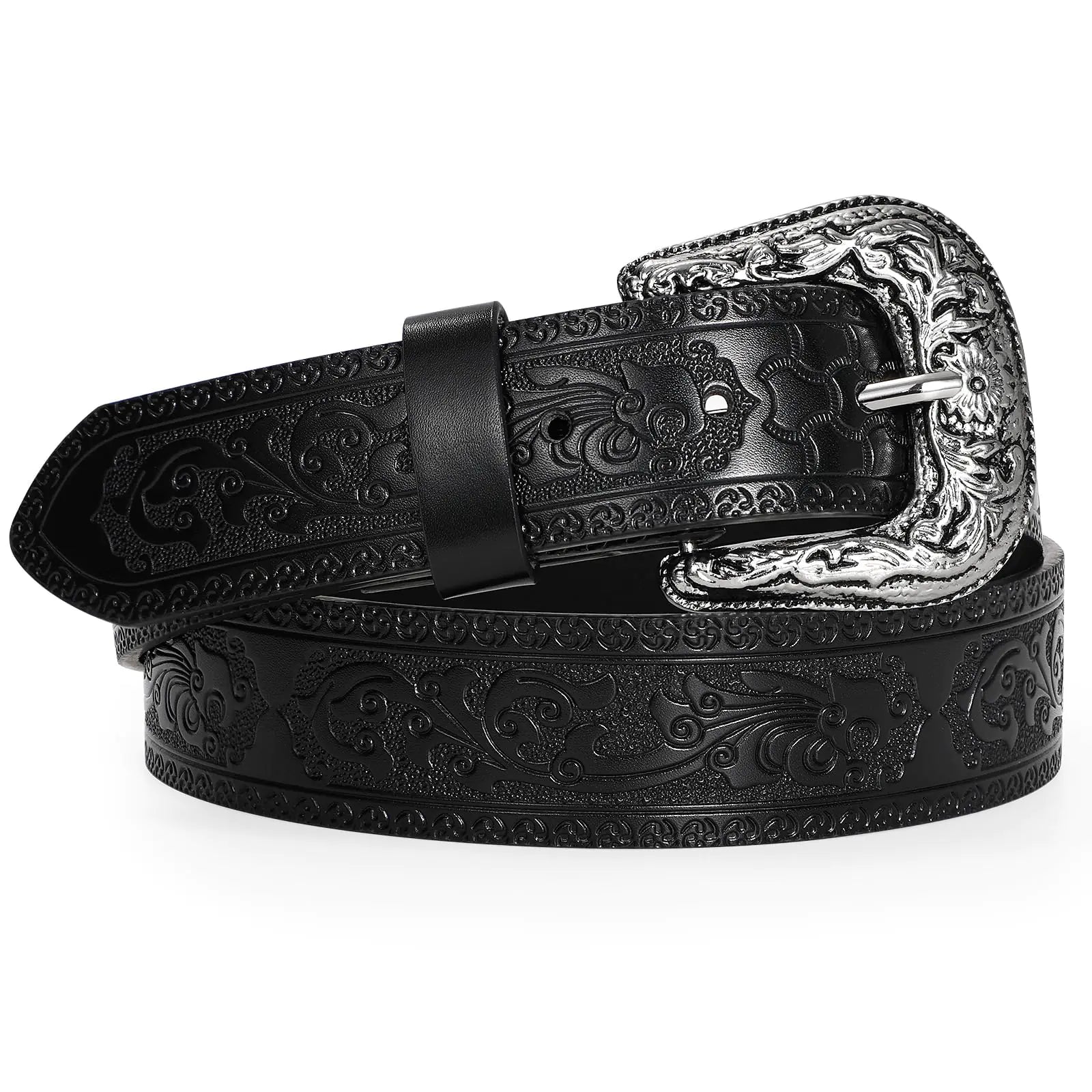 TRIWORKS Adjustable Vintage Western Belts for Women Men Cowboy Cowgirl Belt Engraved Buckle Belt for Jeans Pants Dresses