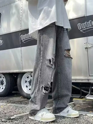 Men’s Relaxed Fit Distressed Wide-Leg Jeans – Vintage Wash Streetwear Denim Pants