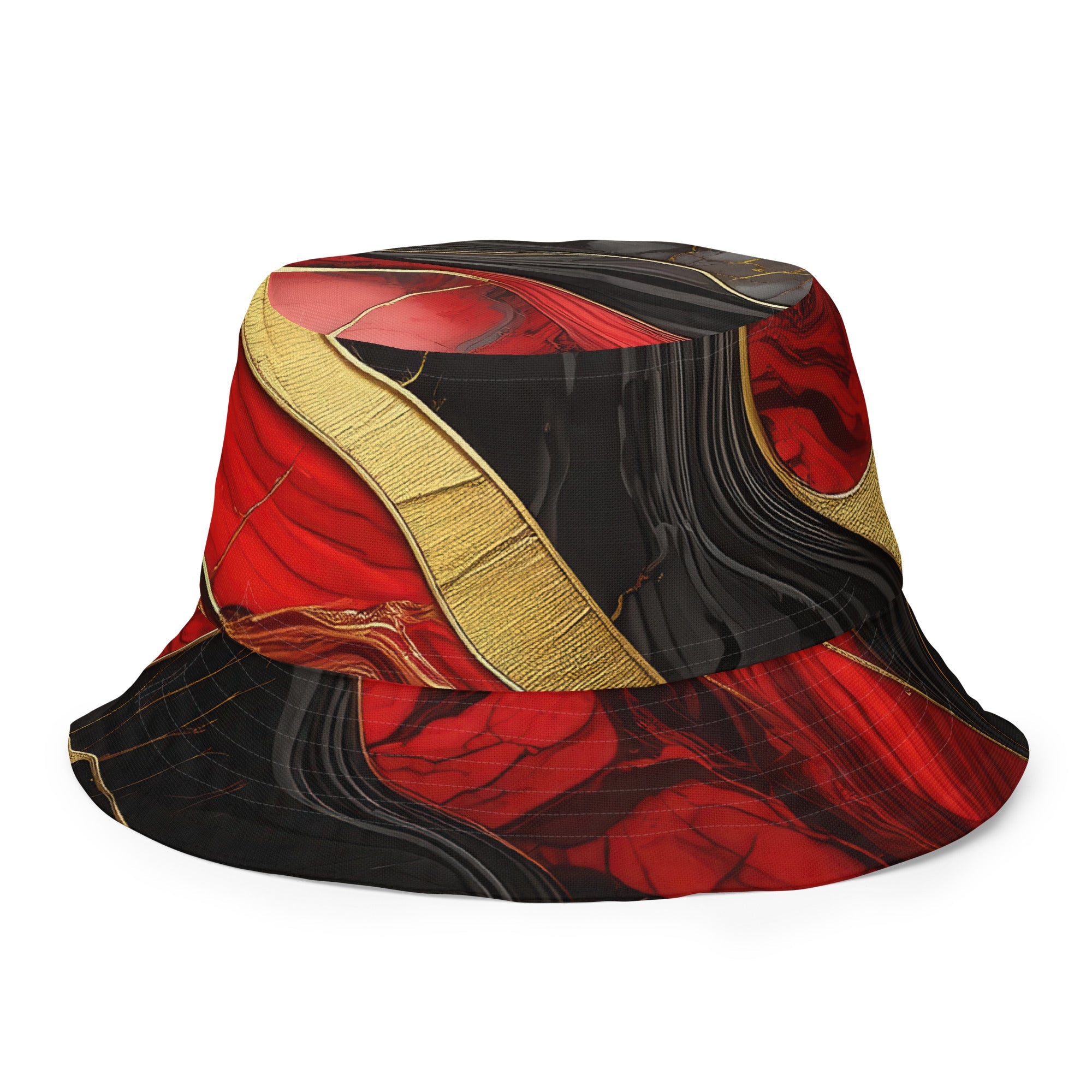 Reversible Bucket Hat Bold Red Gold Tones Print