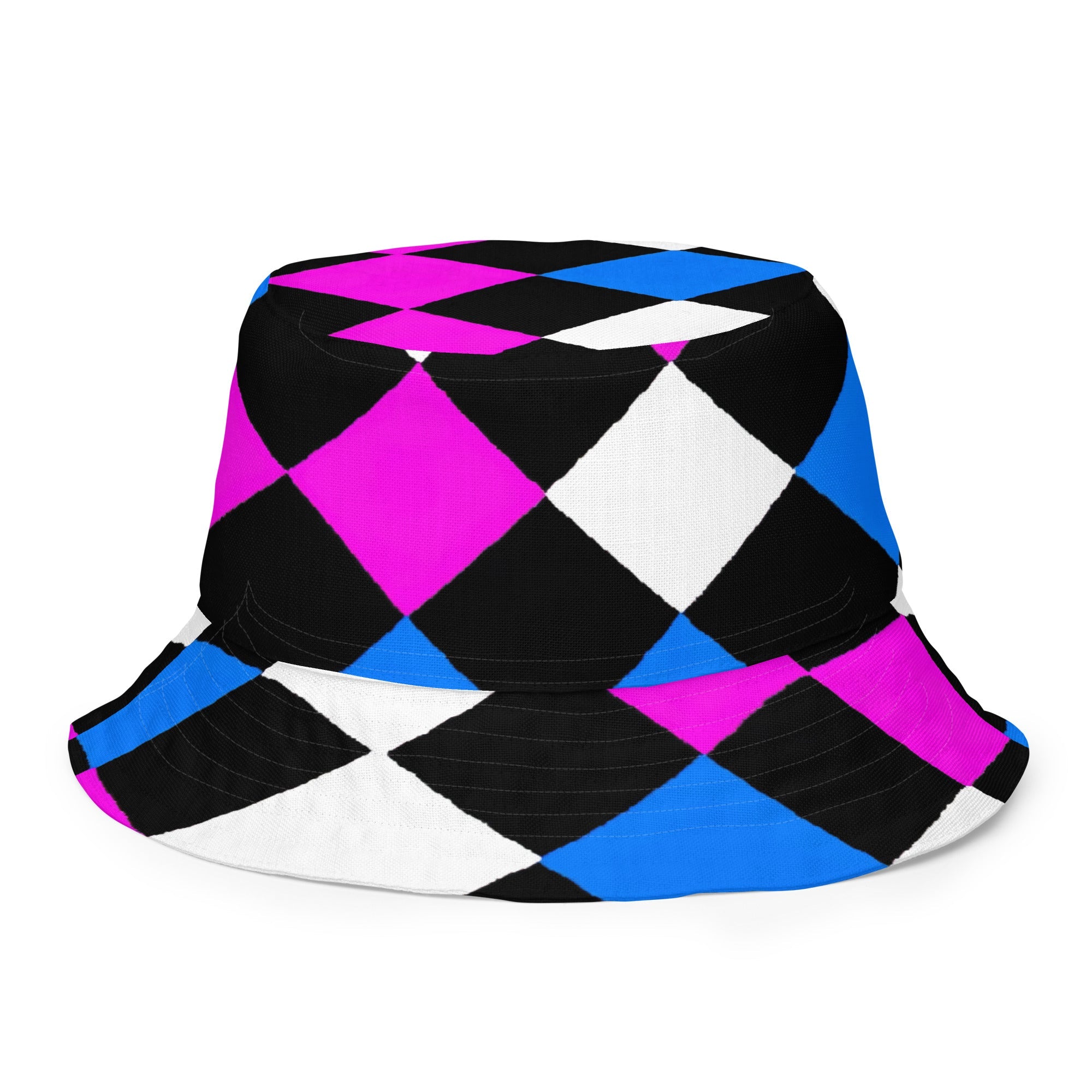 Reversible Bucket Hat Pink Blue Checkered Pattern