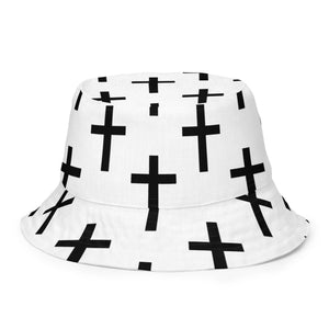 Reversible Bucket Hat White Black Cross Print
