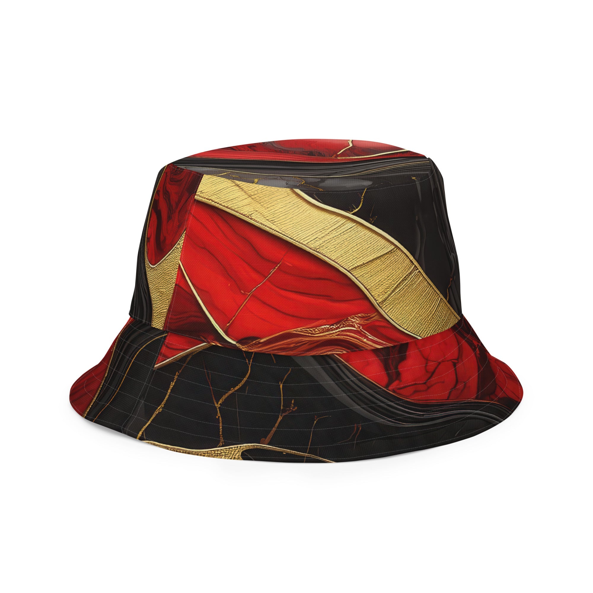 Reversible Bucket Hat Bold Red Gold Tones Print
