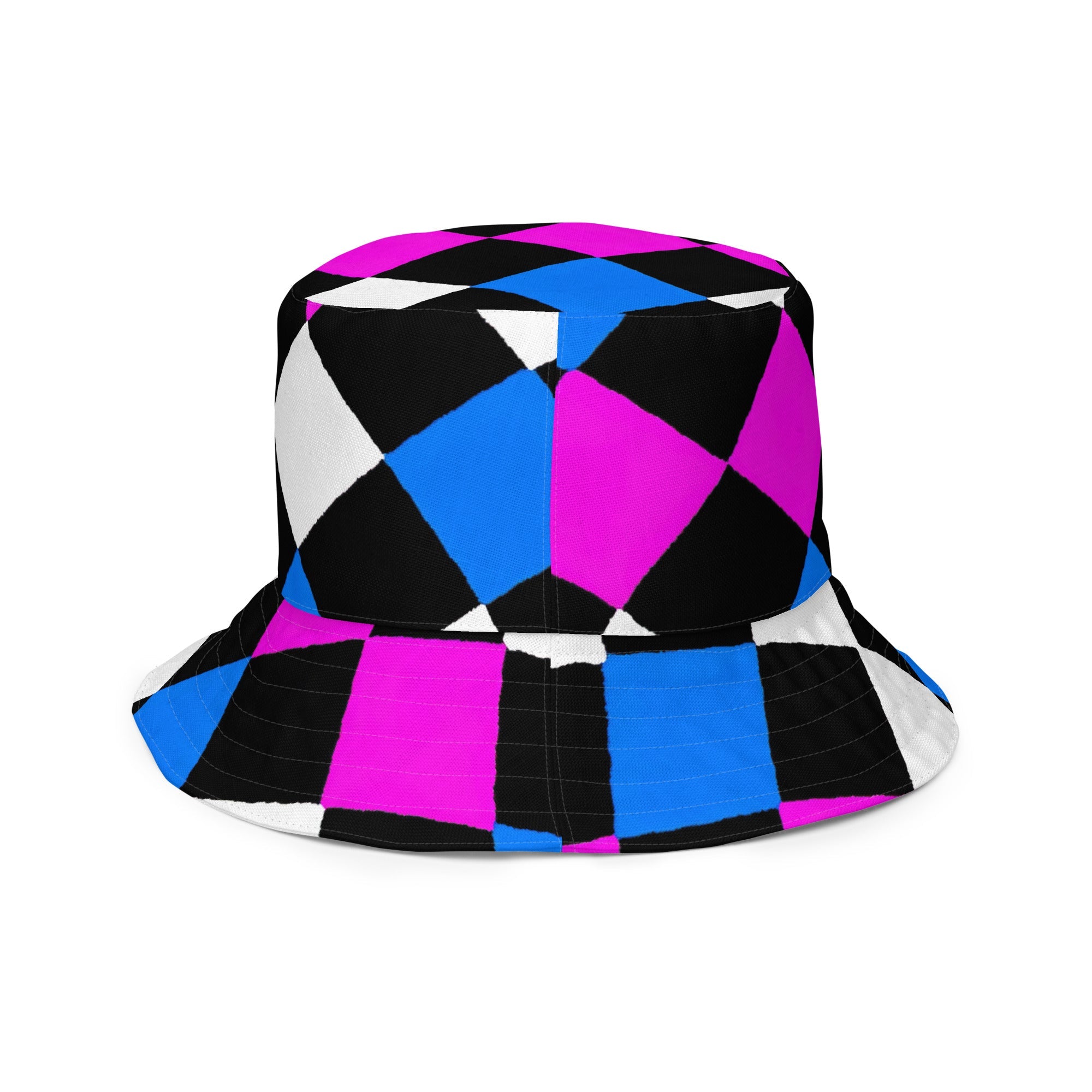 Reversible Bucket Hat Pink Blue Checkered Pattern