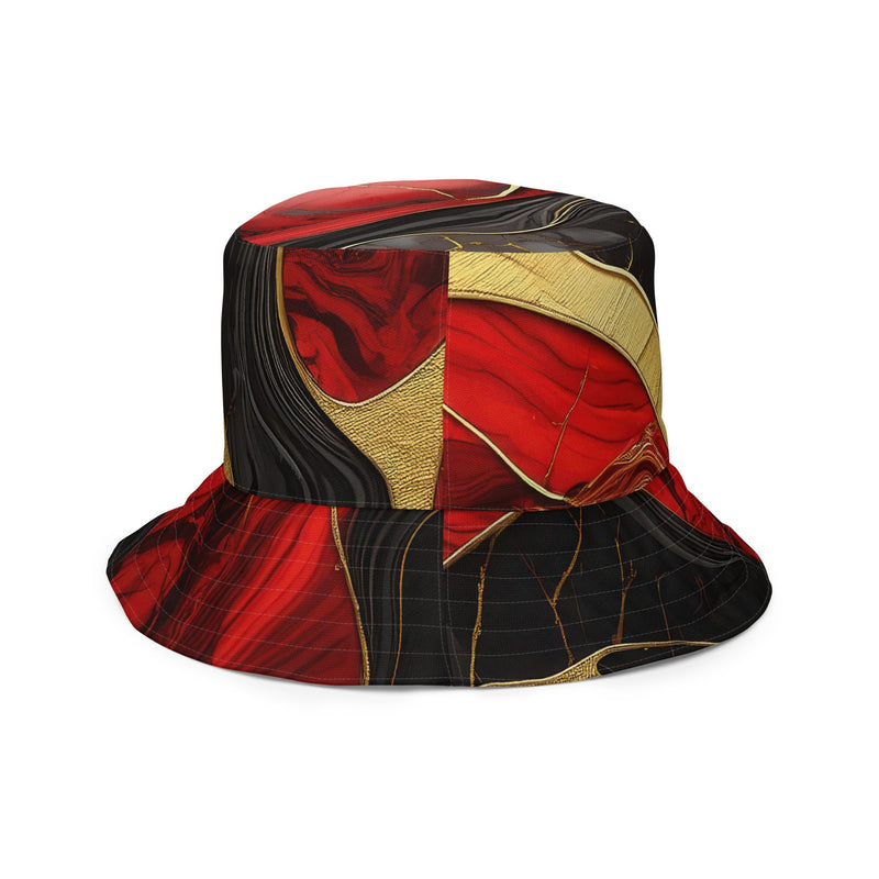 Reversible Bucket Hat Bold Red Gold Tones Print