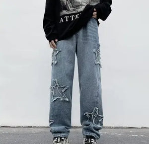Stars Embroidery Brown Baggy Men Jeans