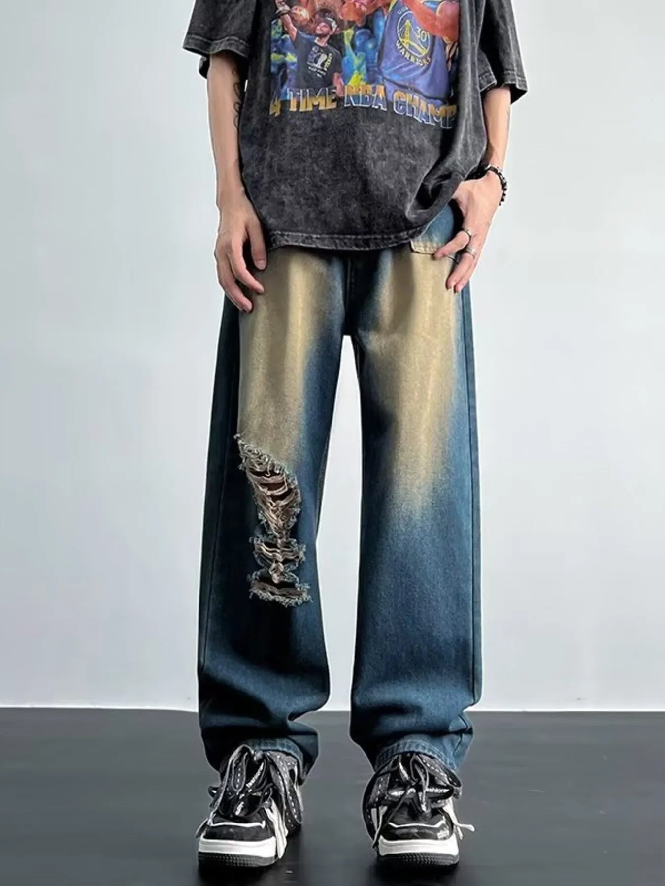 Men's Full Size Distressed Wide Leg Jeans Plus Size