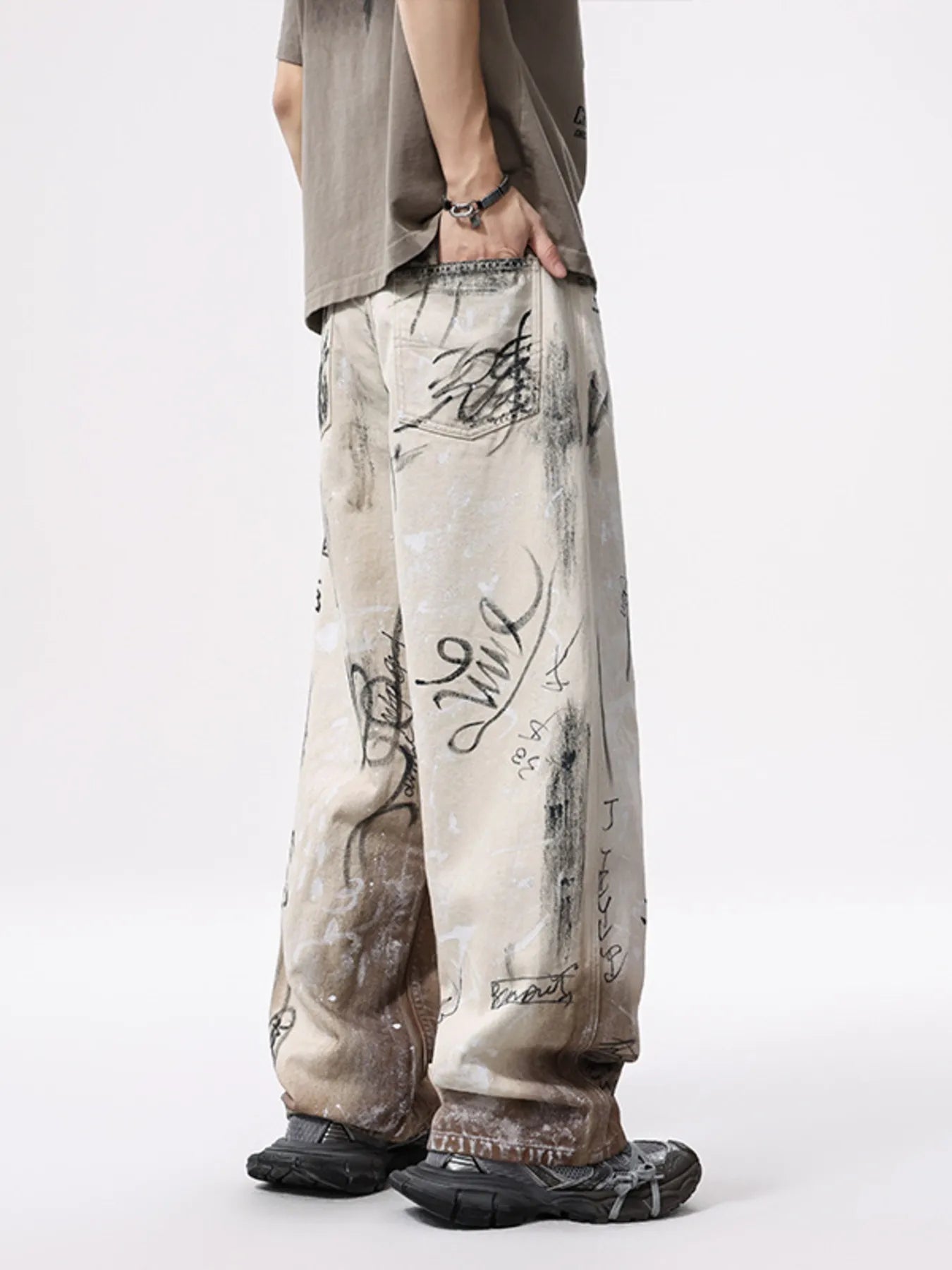Men's Graffiti Print Wide Leg Jeans