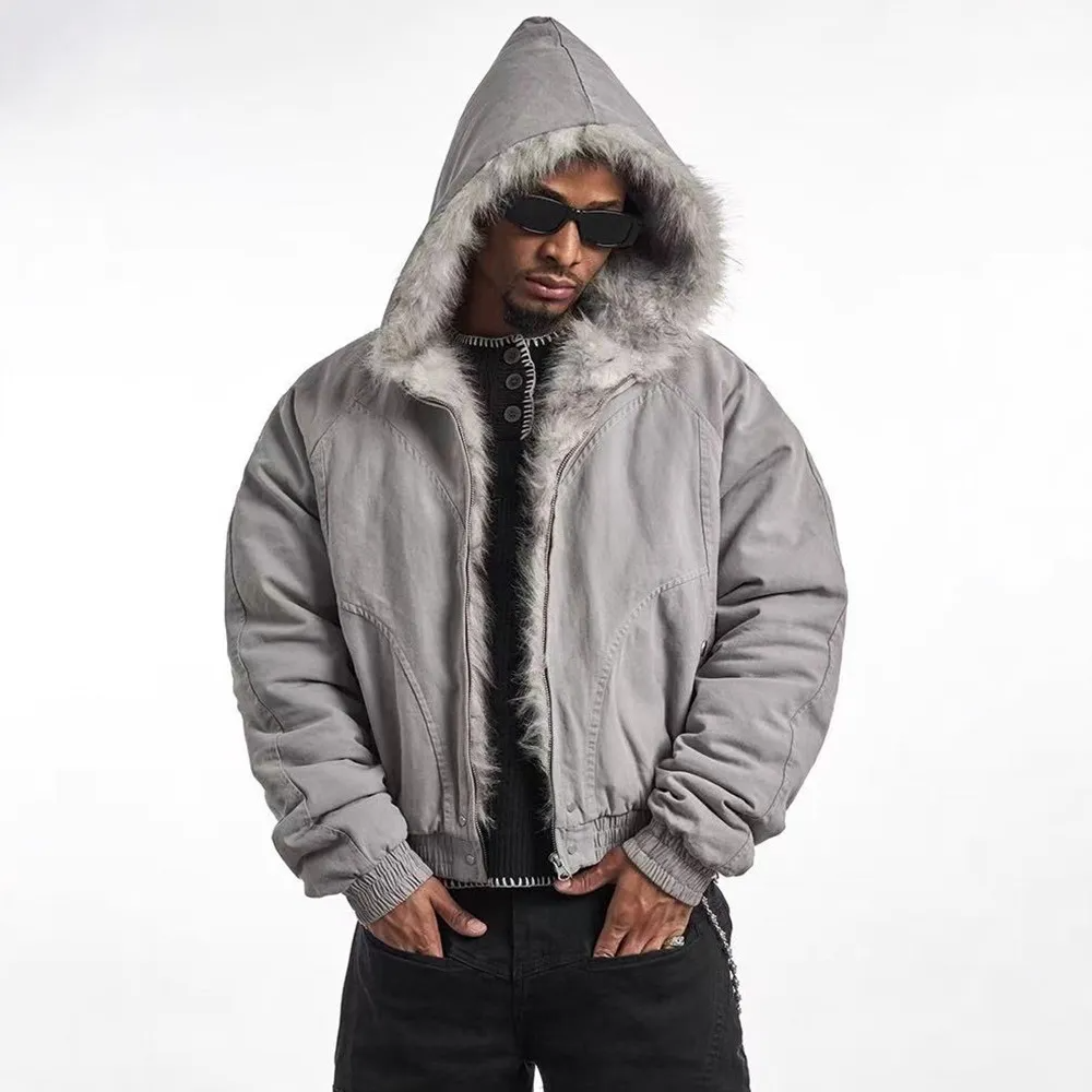 Men’s Winter Fur-Lined Hooded Jacket – Thick Insulated Streetwear Bomber Coat