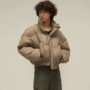 Men’s Thickened  Puffer Cardigan Jacket – Loose Fit Polyester Stand Collar Winter Coat with Pockets