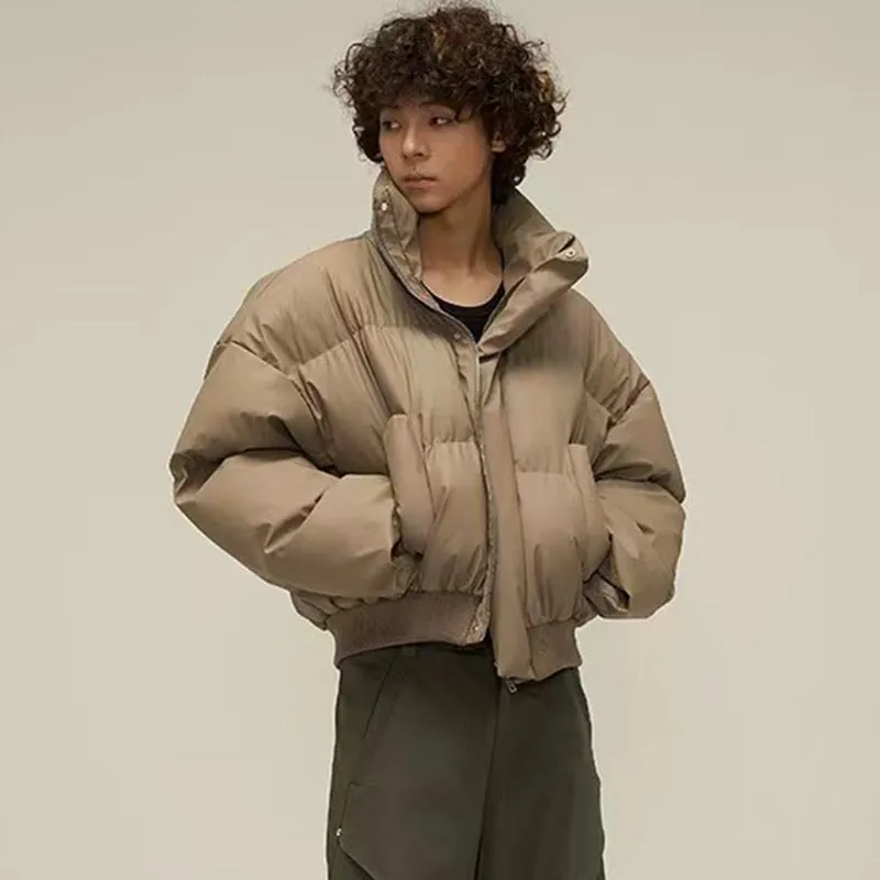 Men’s Thickened  Puffer Cardigan Jacket – Loose Fit Polyester Stand Collar Winter Coat with Pockets