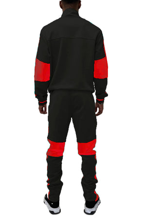 Men’s Color Block Track Suit – White, Black & Red Zip-Up Jacket with Matching Joggers