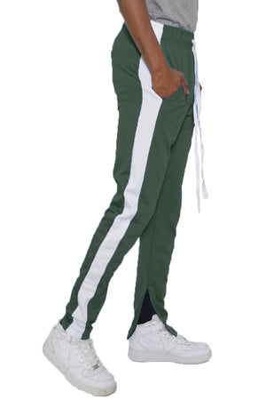 Men’s Green Slim Fit Track Pants with White Side Stripe & Drawstring | Athletic Joggers