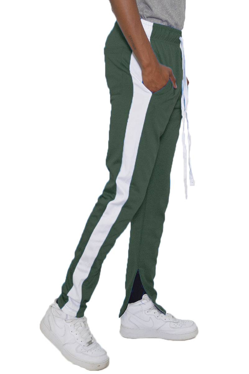 Men’s Green Slim Fit Track Pants with White Side Stripe & Drawstring | Athletic Joggers