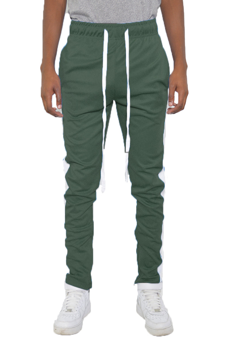 Men’s Green Slim Fit Track Pants with White Side Stripe & Drawstring | Athletic Joggers