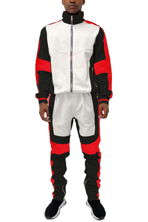 Men’s Color Block Track Suit – White, Black & Red Zip-Up Jacket with Matching Joggers