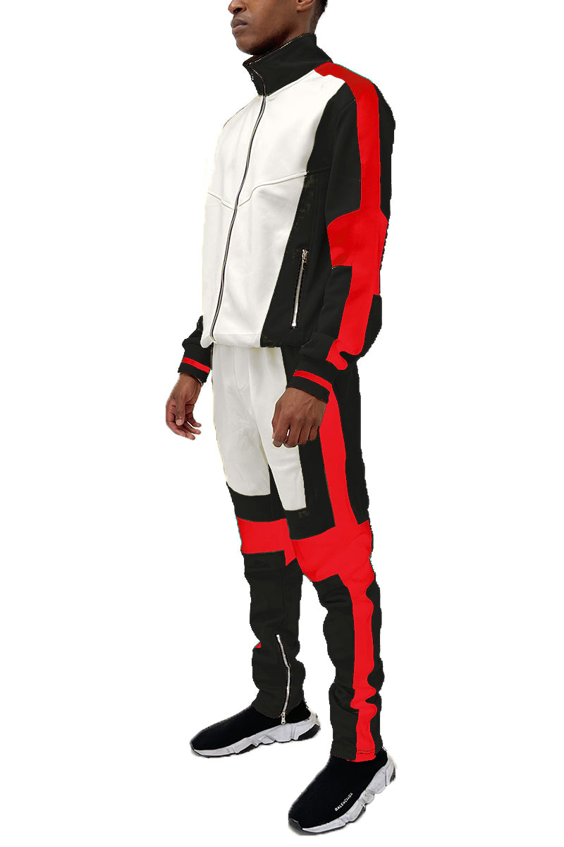 Men’s Color Block Track Suit – White, Black & Red Zip-Up Jacket with Matching Joggers