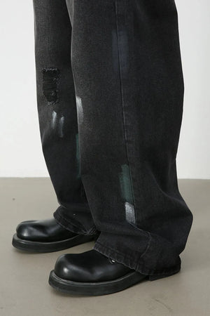 Men’s Distressed Paint Splatter Black Wide Leg DenimJeans