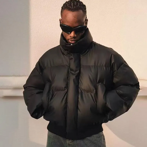 Men’s Thickened  Puffer Cardigan Jacket – Loose Fit Polyester Stand Collar Winter Coat with Pockets