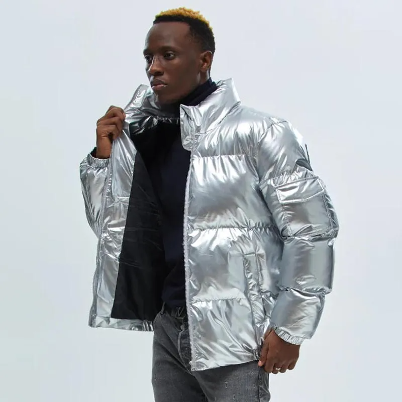Men’s Shiny Puffer Jacket – Insulated Winter Coat in Black, Blue, Silver & Gold