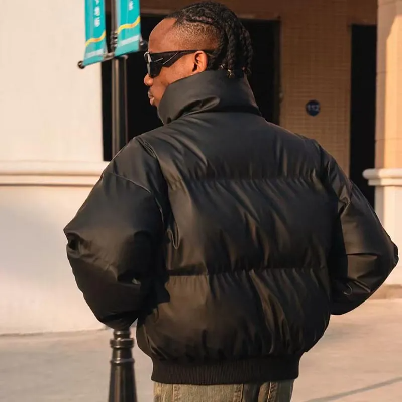 Men’s Thickened  Puffer Cardigan Jacket – Loose Fit Polyester Stand Collar Winter Coat with Pockets