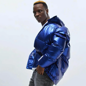 Men’s Shiny Puffer Jacket – Insulated Winter Coat in Black, Blue, Silver & Gold