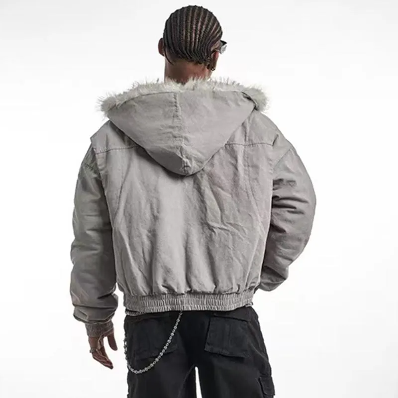 Men’s Winter Fur-Lined Hooded Jacket – Thick Insulated Streetwear Bomber Coat