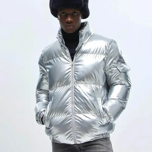 Men’s Shiny Puffer Jacket – Insulated Winter Coat in Black, Blue, Silver & Gold