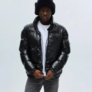 Men’s Shiny Puffer Jacket – Insulated Winter Coat in Black, Blue, Silver & Gold