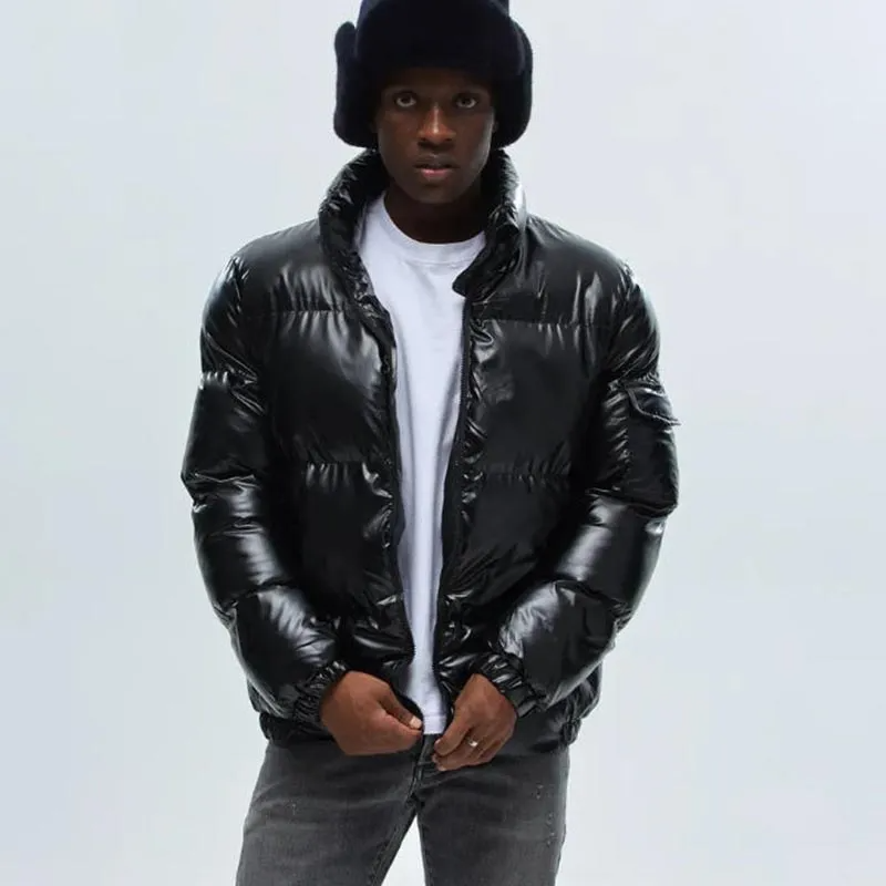 Men’s Shiny Puffer Jacket – Insulated Winter Coat in Black, Blue, Silver & Gold