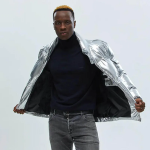 Men’s Shiny Puffer Jacket – Insulated Winter Coat in Black, Blue, Silver & Gold