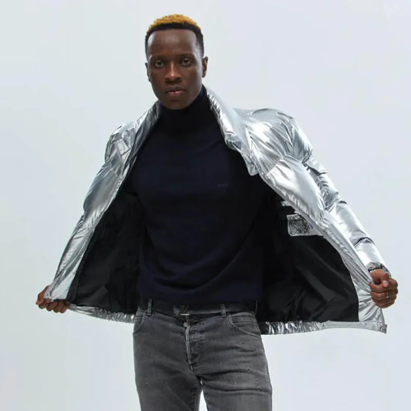 Men’s Shiny Puffer Jacket – Insulated Winter Coat in Black, Blue, Silver & Gold